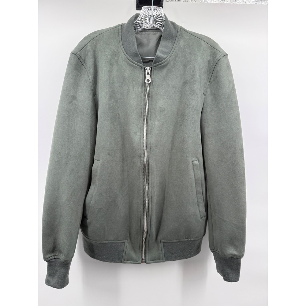 Zara Man Sage Green Faux Suede Bomber Jacket Mens Size Small Full Zip Ribbed